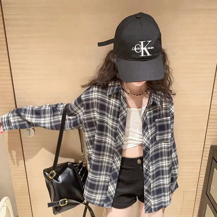 Fashion 2025 Girls Cute grid shirt Autumn Kids Tops Casual Long Sleeve T shirt Children's Clothes Teen 6 8 10 12 14 Years