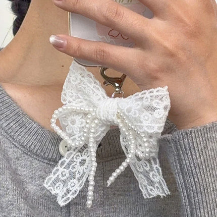 Korean Cute Lace Bow Pearl Beaded Phone Pendant Chain Accessories Aesthetic Ballet Shoes Camera Bag Decoration Keychain Gift