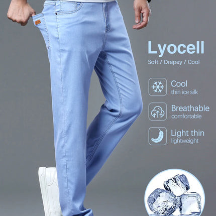 Lyocell Ice Silk Jeans Men's Comfortable Soft Cool Drape Casual Trousers Spring Summer Thin Korean Business Straight Denim Pants