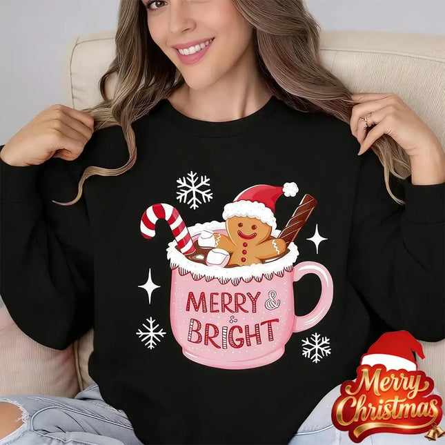 Funny Christmas Gingerbread Mug Print Sweatshirt Women's Round Neck Pullover New Autumn And Winter Party Casual Women's Clothing