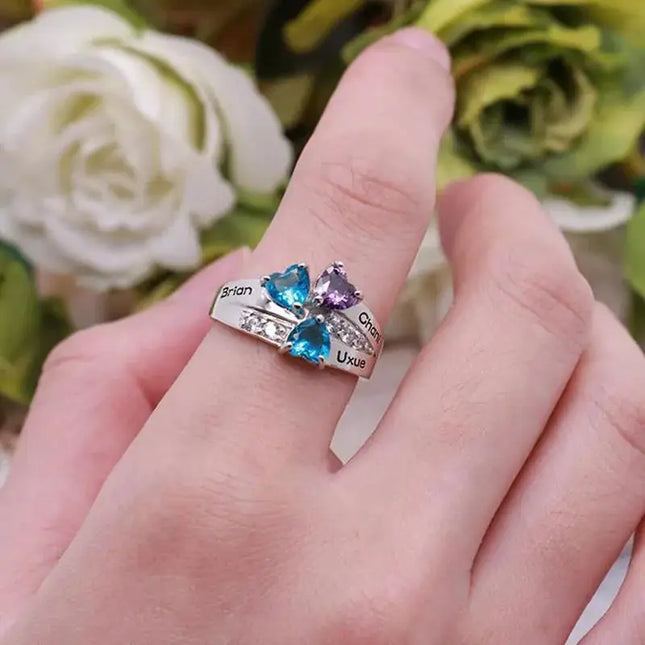 Personalized 1-8 Birthstone Rings Custom Engraved Name Ring Customized Promise Heart Birthstone Ring Gifts for Family Women