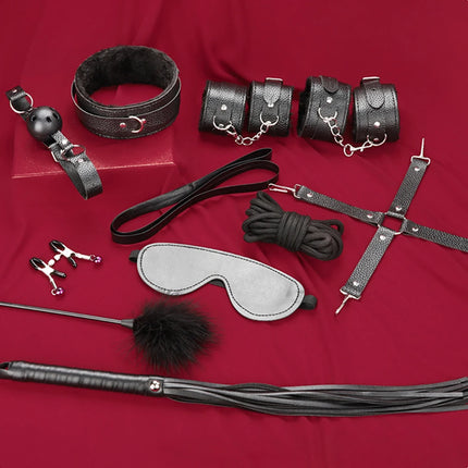 Leather BDSM Bondage Kit for Couples Genuine Handcuffs Collar Gag Vibrators Adult Sex Toys Set for Women Male Couples Adult Game