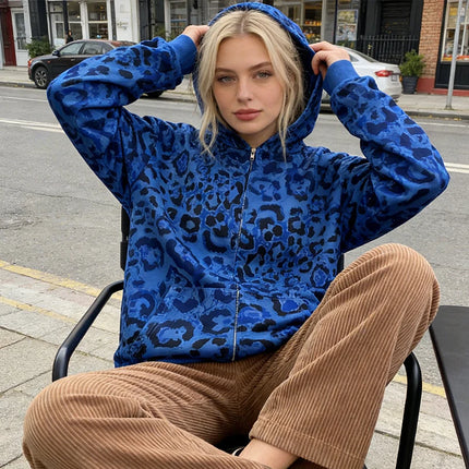 Hip Hop Casual Leopard Print Long Sleeve Hoodie 2000s Autumn Winter Fashion High Street America Dopamine Loose Zipper Sweatshirt