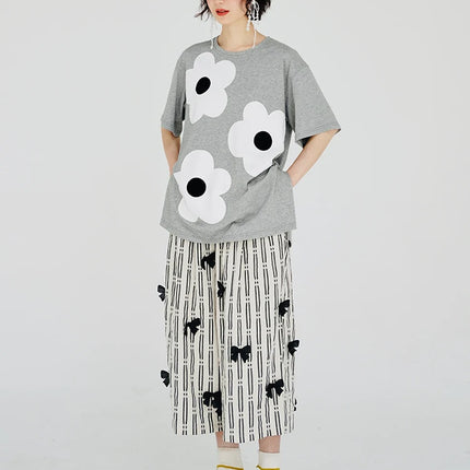 imakokoni original applique pure cotton gray T-shirt pullover short-sleeved shirt casual loose large size summer female 223602