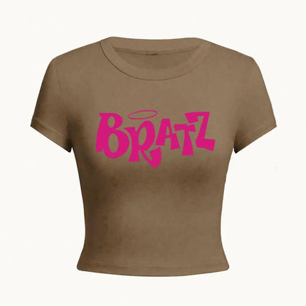 Personality Womens Crop T-Shirt Y2K Pink Bratz Letter Prints Short Sleeve High Elastic Soft O-Neck Tees Sexy Club Female Clothes
