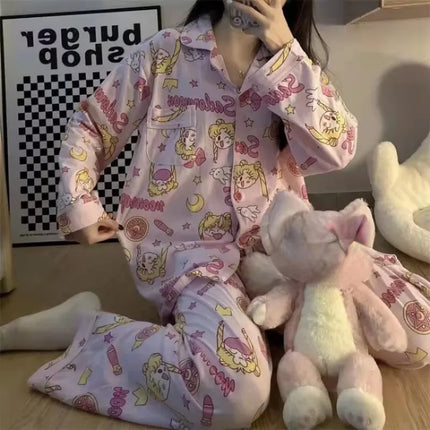 Sailor Moon anime peripheral cartoon cute print girly heart autumn and winter long-sleeved trousers pajamas set casual home wear