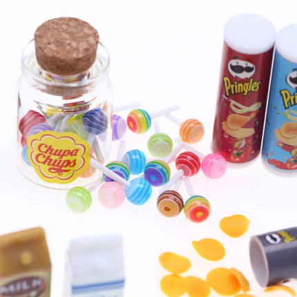 Dollhouse Miniature Drink Food Potato Chips Bottles Lollipops Jar with Lollipops Kid Gift Gnome Decoratio Access Kitchen Scene