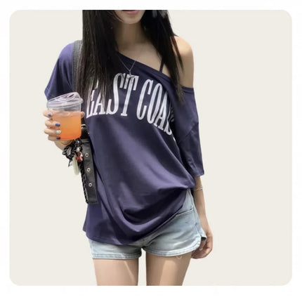 Women's American-Style Short-Sleeved T-Shirt, Summer Design, Finterest Slimming, Loose, Retro Off-Shoulder Top