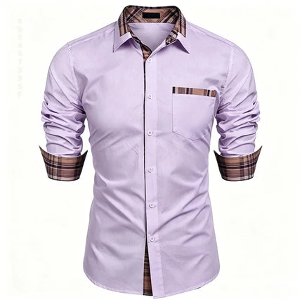 Men's shirt checkered contrasting long sleeved shirt, business casual button up shirt, personalized and trendy men's clothing