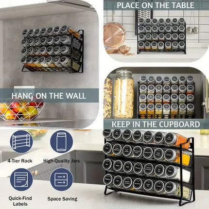 Black New Storage Shelf Spice Jars Organizer Multi-Tiered Iron Countertop Seasoning Rack for Kitchen Seasoning Storage Bottles