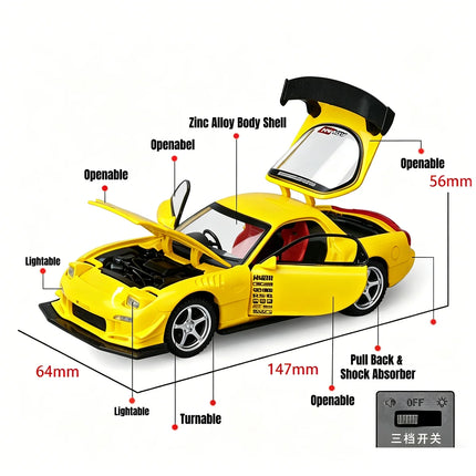 1/32 Mazda RX-7 FD3S Racing Miniature Diecast Toy Car Model Sound & Light Doors Openable Collection Gift for Children Boy Kid