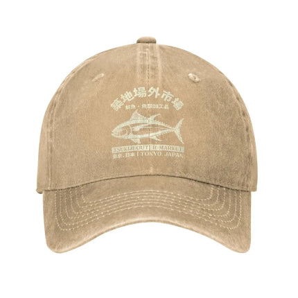 Japanense Tsukiji Fish Market Washed Tokyo Japan Baseball Cap Sun High Quality Washed Trucker Hat Female Male Snapback Cap