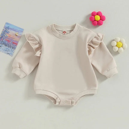 Baby Sweatshirt Romper Ruffle Long Sleeve Round Neck Solid Color Bodysuit Infant Fall Outfit