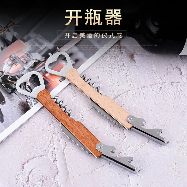 Multifunctional Wood Wine Corkscrew, Wooden Handle Stainless Steel Beer Bottle Opener, Can Opener, Custom Logo Gift