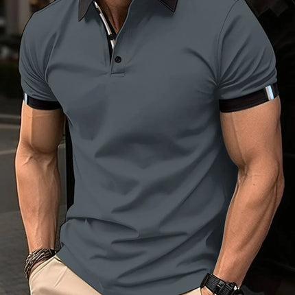 Summer Men's Button Polo Shirt Color Blocked Short Sleeve Collar T-shirt Casual Fit Top Men's Wear
