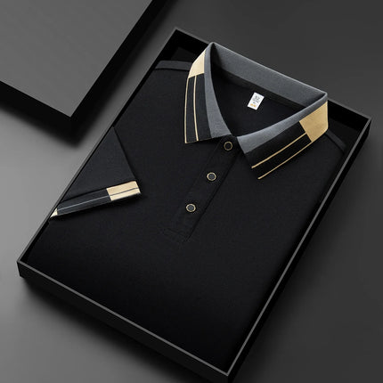 2025 New Men's Collar Polo Shirt Short Sleeved Sweat Absorbing Polo Tops, Luxury Jacquard Breathable Contrast Color T-shirt