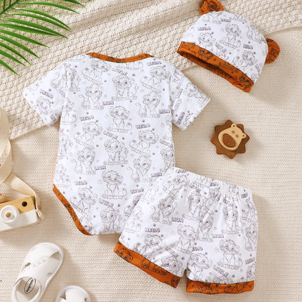 0-18 Month old Baby Boy Set Cartoon Lion Print Top, Pants, Hat Three Piece Set, Newborn Baby Boy Summer Fashion Set