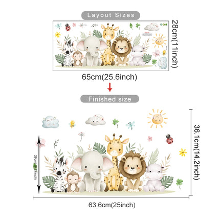 Cartoon Cute Africa Animals Leaves Wall Stickers Watercolor Elephant Giraffe Monkey Kids Room Kindergarten Home Decoration