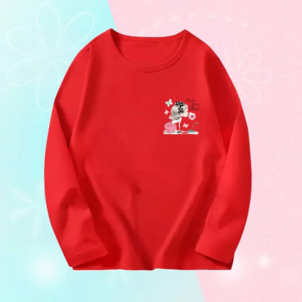 Pink Flower Heart Print Girls T-Shirt Casual White Tops Spring Long Sleeve Kids T-Shirt Kawaii Love Print Tops