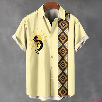 2026 Summer Men's Short-Sleeve Shirt, Coconut Tree Print, Color-Blocked Placket, Casual Vacation Beach Shirt, Hawaiian Shirt