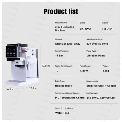 CAFOVO E151 3-in-1 Espresso Machine with Touchscreen Control and Built-in Grinder Automatic Milk Frother Cold Brew Coffee