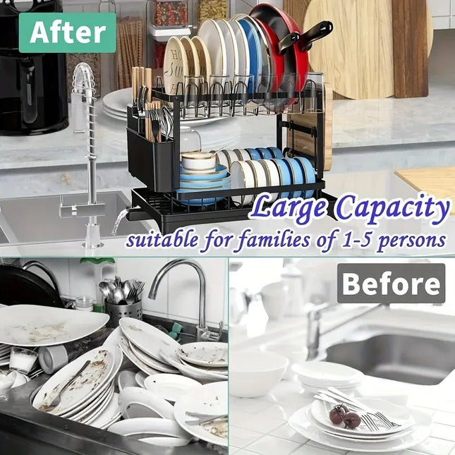 2-Tier Carbon Steel Dish Drying Rack with Drainboard, Large Capacity Kitchen Counter Organizer for Cups, Bowls & Bottles