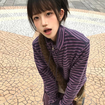 Tonngirls Y2k Japanese Sweatshirts Women Long Sleeve Striped Stand Collar Sweatshirt High Street Graphic Winter Coats E-girls