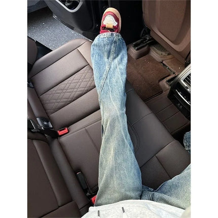 Vintage Men's Jeans Man Pants High Street Washed Denim Blue Jeans Straight Leg Slight Flare Casual Trousers