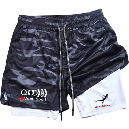 Audi Logo Men's Sports Shorts Double-Layer Quick-Drying Breathable Casual Sportswear for Running M-3XL