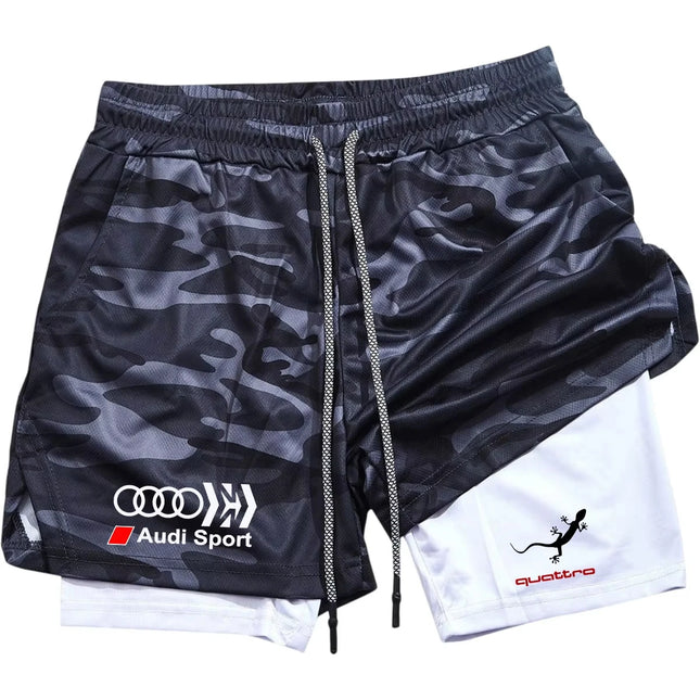 Audi Logo Men's Sports Shorts Double-Layer Quick-Drying Breathable Casual Sportswear for Running M-3XL