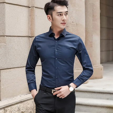 Slim Fit Long Sleeve Silk Men's Shirt Hong Kong Style Workwear Iron-Free Professional Shirt Youth Fashion Spring