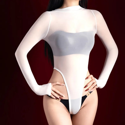 Oil Shiny Bodysuit 5D Stocking Jumpsuit Women Long Sleeve Silky and Smooth Crotchless Romper Tight Fitting Underwear Transparent