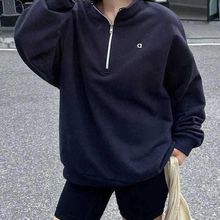 Autumn New Loose Stand Up Collar Pullover Casual Fashion Long-sleeved Gray Zip Sweatshirt Black Sports Fitness Hoodies Women