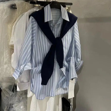 Blue Loose College Style Striped Shirt plus Shawl Two-Piece Set Women Spring Autumn New Versatile High-End Feeling Top