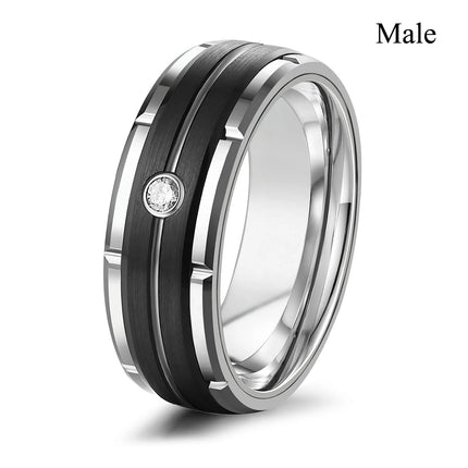 Fashion Couple Rings Women's White Rhinestones Zircon Ring Sets Men's Stainless Steel Zircon Stones Rings Wedding Band Jewelry