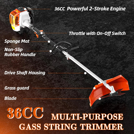 36CC 2-Stroke Gasoline String Trimmer, 3-in-1 Garden Weed Eater with 3/40-Tooth Brush Cutter Blade & Adjustable Shoulder Strap for Lawn & Yard Trimming
