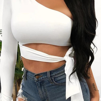 Women Lady Bandage Slim Tee Tops Long Sleeve One-Shoulder Bow-Tie Elastic Solid T-Shirt Cold Shoulder Sexy Crop Top Club Street