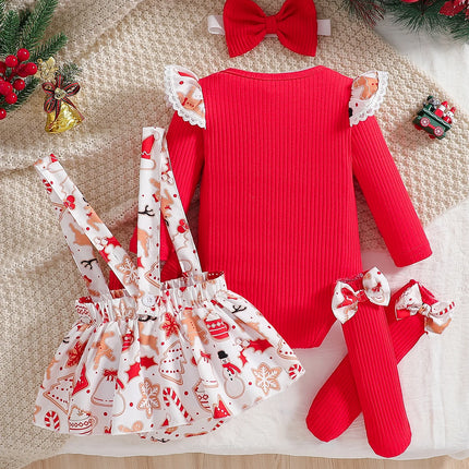 Baby girl cute Christmas costume round neck ruffled long sleeved jumpsuit and suspender jumpsuit, red bow socks and bow headband