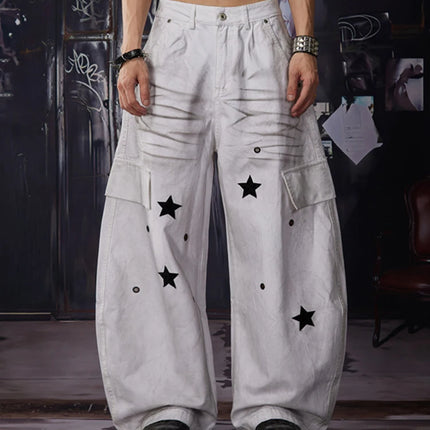 2026 Autumn High Street Fashion Y2K Baggy Straight Jeans For Men Star Graphic Printed Distressed Multi-Pocket Cargo Denim Pants