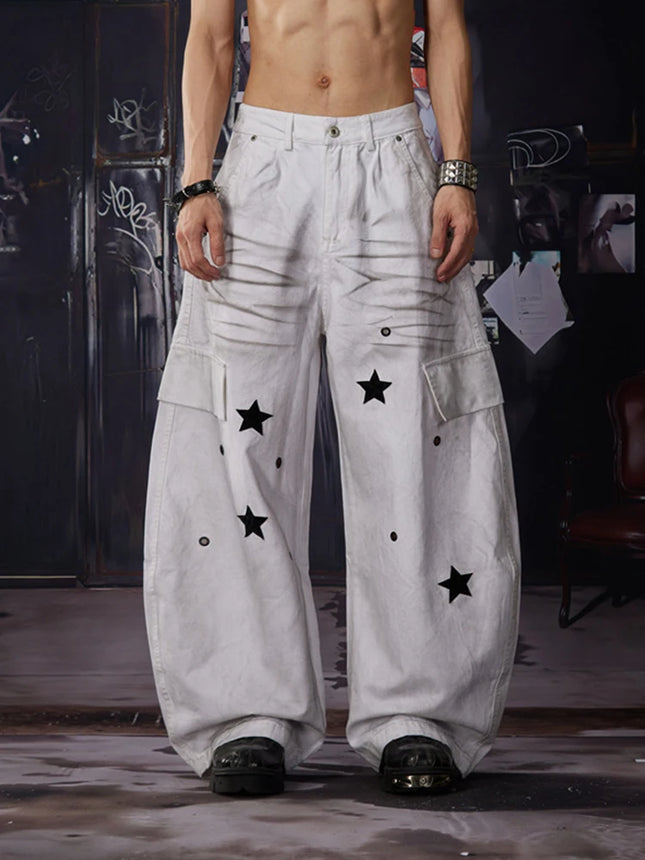 2026 Autumn High Street Fashion Y2K Baggy Straight Jeans For Men Star Graphic Printed Distressed Multi-Pocket Cargo Denim Pants