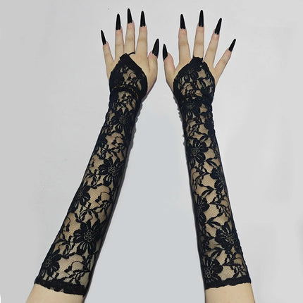 48cm Black White Women Sexy Hollow Lace Flowers Hook Finger Long Gloves Mesh Transparent Halloween Cosplay Stage Performance