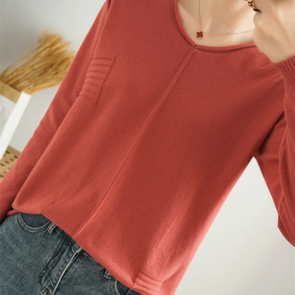 2023 Autumn/Winter Women's New Pullover Casual Solid 100% Cotton Knitted V-Neck Loose Sweater Fashion Soft Breathable Top