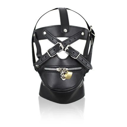 BDSM Sex Black Pu Leather Head Bondage Hood Mask Open Eye Mouth with Erotic Couple Flirting Toys Adjustable Mask Cosplay Harness