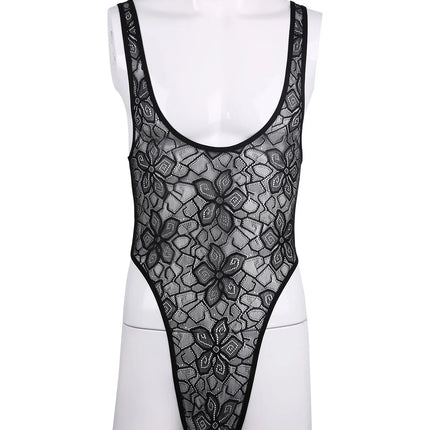 Men's One-piece High Cut G String Underwear Wrestling Singlet Leotard Sheer Bodysuit Thongs Sissy Lingerie See Through Nightwear
