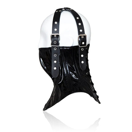 Adult Games Sex Toys of Sexy Wetlook Leather Neck Restraint Collars with Unisex Lockable Half Face Mask for Fetish BDSM Bondage