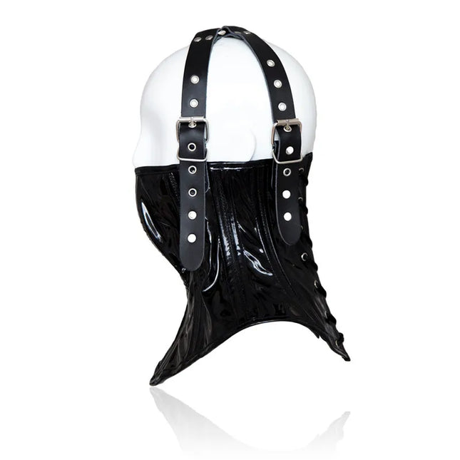 Adult Games Sex Toys of Sexy Wetlook Leather Neck Restraint Collars with Unisex Lockable Half Face Mask for Fetish BDSM Bondage