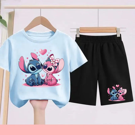 Kids Disney Stitch Print Summer Cute Breathable Tees + Shorts 2pcs 3-12 Years Boy Girls Round-neck Set Children Leisure Clothing