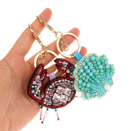 Rhinestone Lobster Beaded Keychain Pretty Hand Sewn Bag Charms Crab Shells Turtle Hanging Rope Patches Applique Bag Lanyard