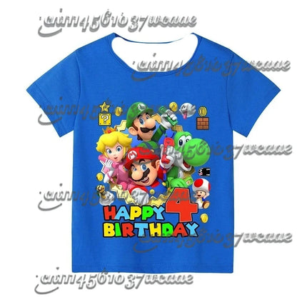 Super Mario Birthday Number T-Shirt Blue Short Sleeve Cartoon Figure Party Top for Men Women Kids - Family Matching Gift