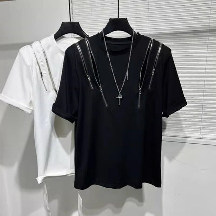 Summer New Techwear Mens Personalized Multi Zip Up Design Casual T-shirt Y2K Fashion Men Short Sleeve Black T Shirts Male Tops